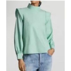 EVERLANE‎ The Wing-Shoulder Mockneck Top Size 12 Jade Green Cotton Blouse NWT